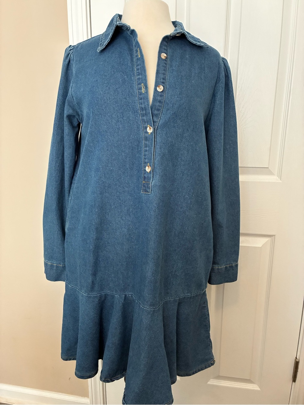 Denim Button-Front Long Sleeve Dress - Blue